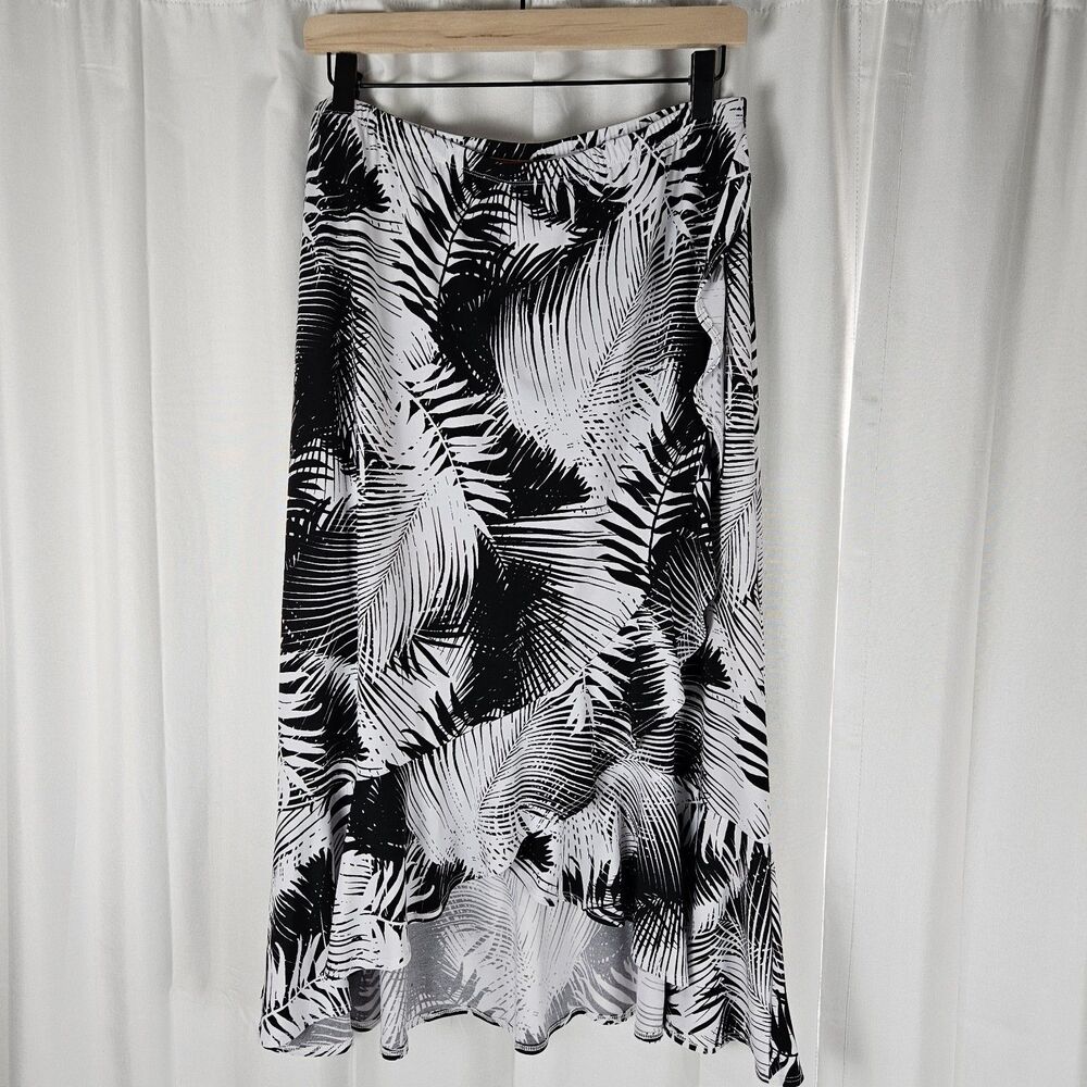 Black White Midi Skirt Asymmetric Palm Boho Flowy Vacation Medium